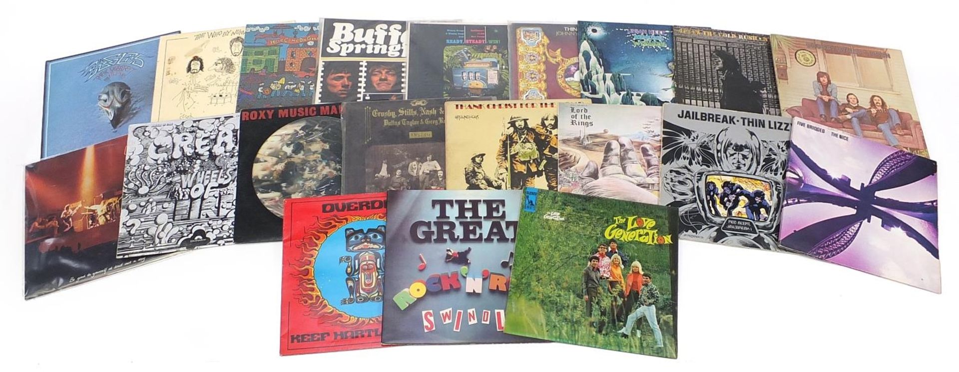 Vinyl LP records including Buffalo Springfield on Atlantic Mono 587070, Thin Lizzy, Uriah Heap, Neil