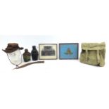 Sundry items including militaria, Gurkha's knife, Australian leather hat by B C Hats and a black and