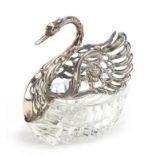 Silver mounted cut glass swan table salt, London 1966 import marks, 10.5cm high, total weight 260.0g