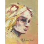 Umberto Bianchini - Portrait of a female, mixed media, label verso, mounted, framed and glazed, 23cm