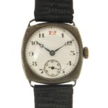 Gentlemen's military interest silver trench style watch with enamelled dial, 28mm wide