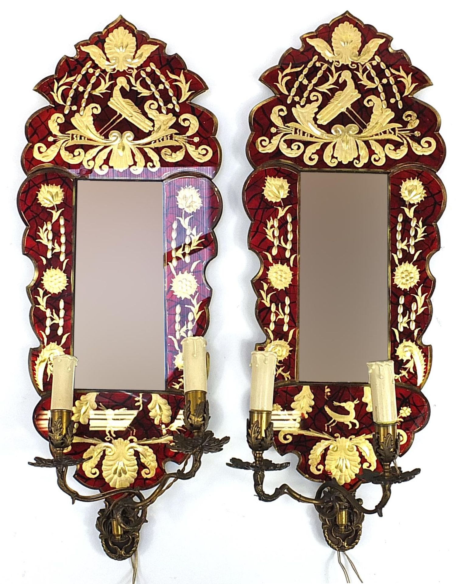 Pair of 19th century Venetian glass and gilt metal two branch mirrored wall sconces gilded with