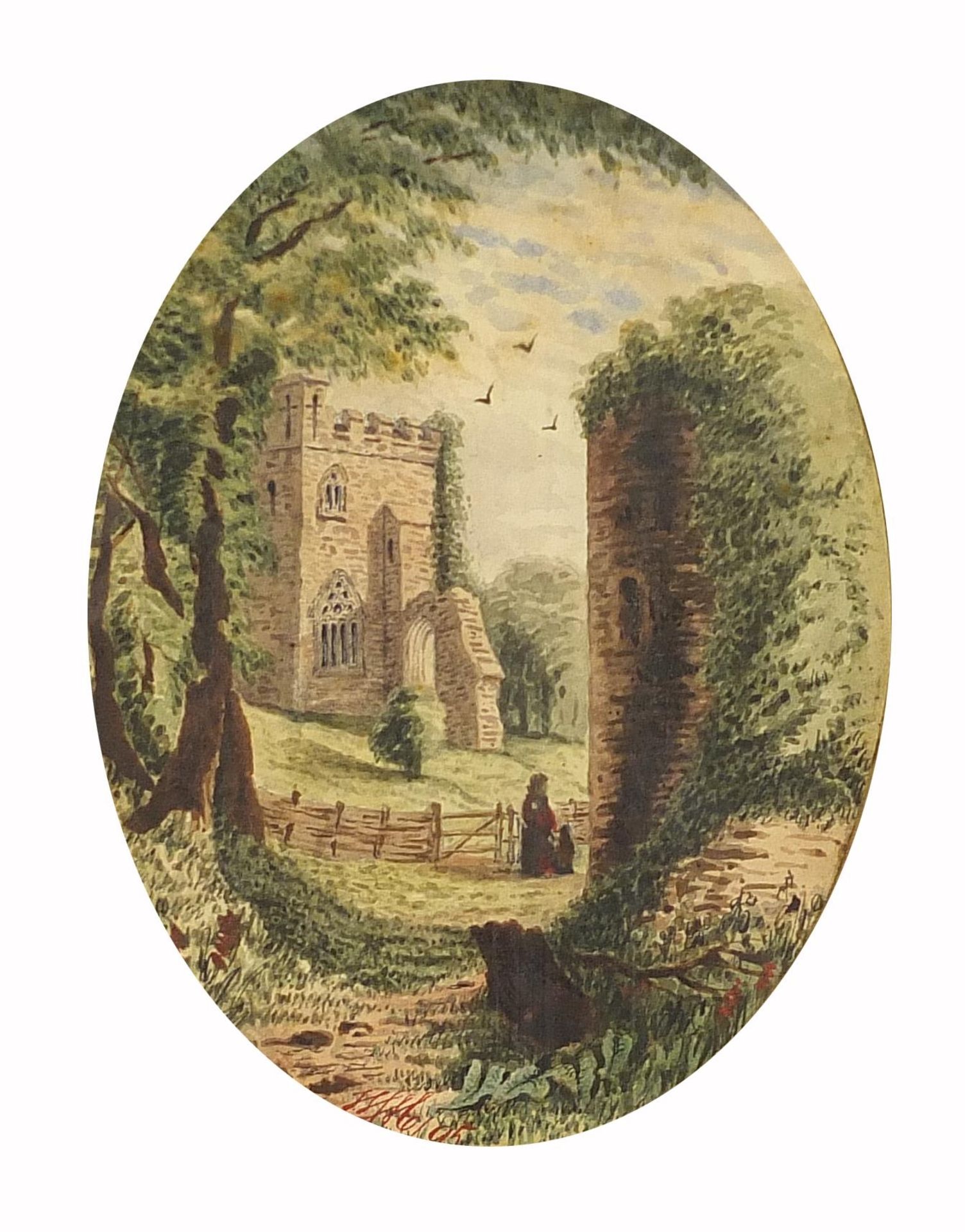 Mother and child before church ruins, 19th century oval watercolour, indistinctly signed, mounted,