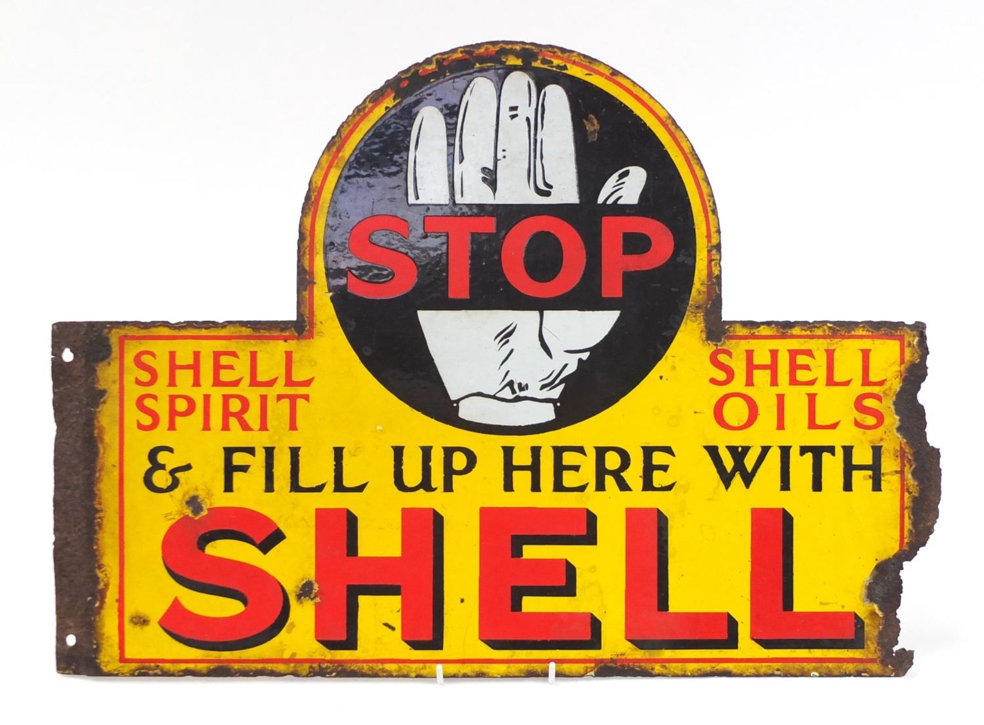 Vintage motoring interest Shell Stop and Fill Up Here with Shell enamel advertising sign, 63.5cm x - Image 2 of 2