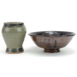 Seth Cardew, studio pottery comprising baluster vase and brown glazed Wenford Pottery bowl, each