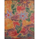 Abstract composition, still life flowers in a vase, oil on board, framed, 34cm x 26.5cm excluding