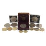 British coinage including 1935 Rocking Horse crown, five pound, two pound and one pound coins