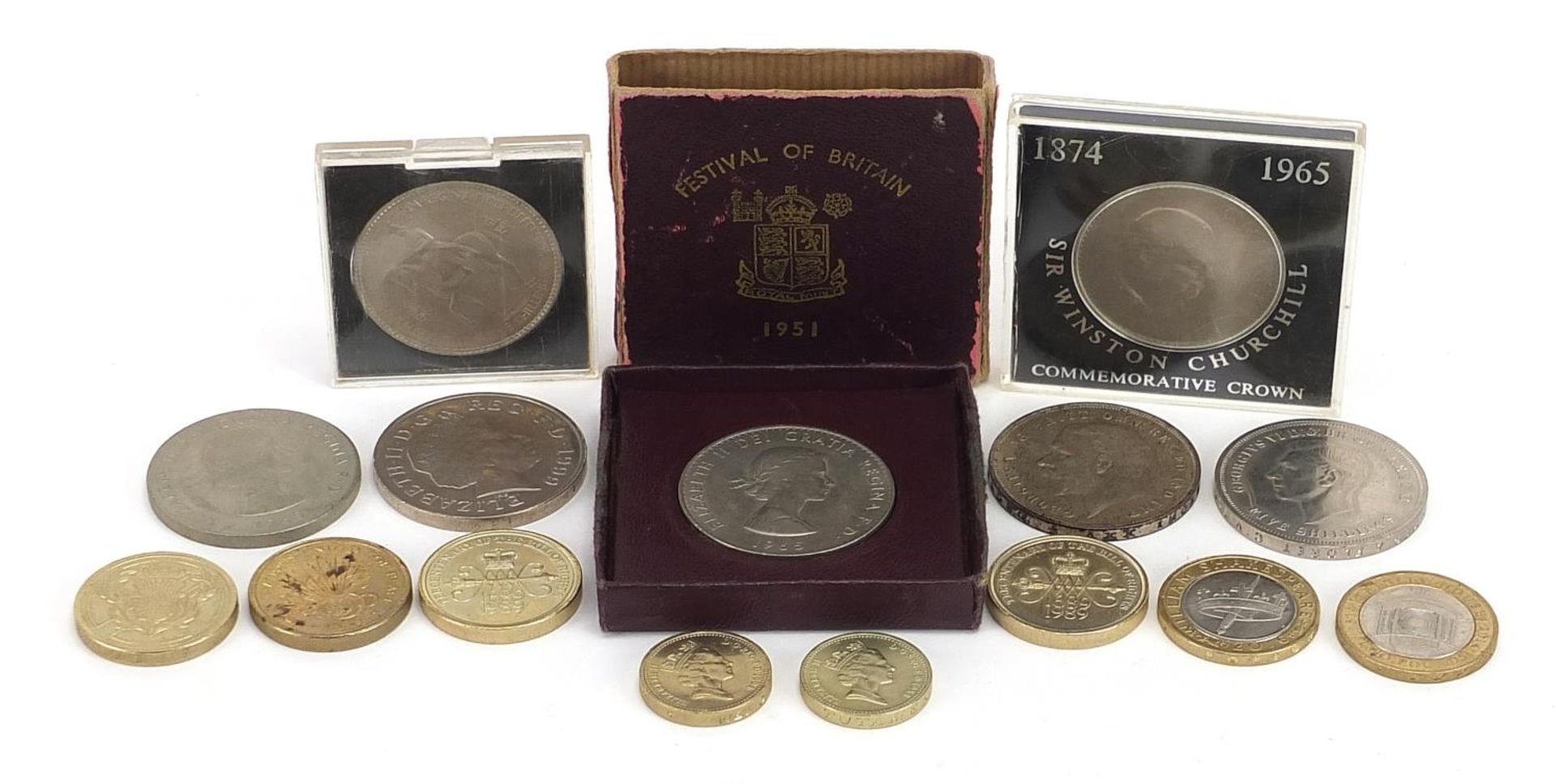British coinage including 1935 Rocking Horse crown, five pound, two pound and one pound coins