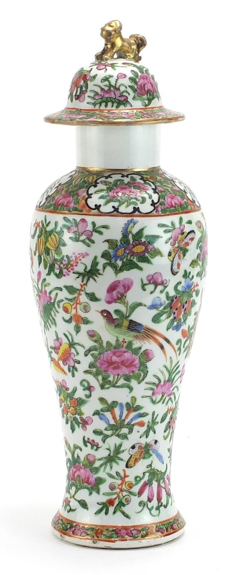 Chinese Canton porcelain baluster vase and cover hand painted in the famille palette with birds