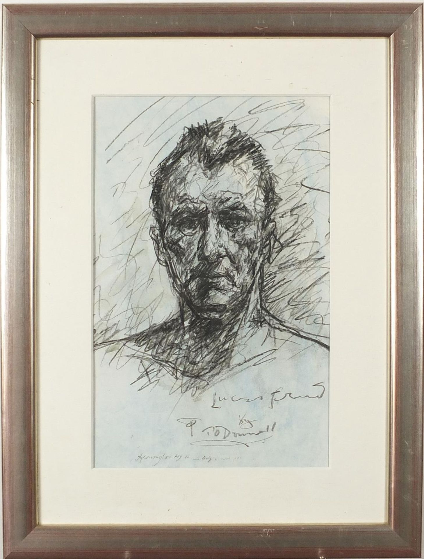 T O'Donnell - Portrait of Lucian Freud, charcoal, inscribed, mounted, framed and glazed, 45cm x 28cm - Bild 2 aus 4