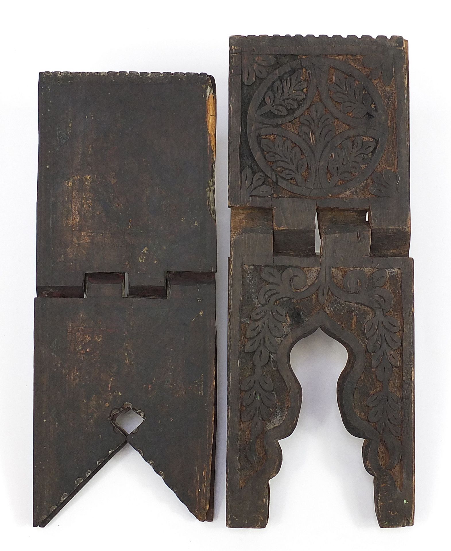 Two Islamic folding hardwood Quran stands including a lacquered example with traces of paint, the - Image 3 of 4