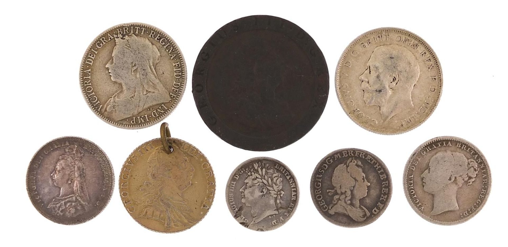 George III and later silver and copper coinage including 1787 shilling and 1723 sixpence, 73.g - Image 4 of 6