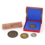 Coinage and medallions including a George III 1819 brass half crown and 1935 Coronation medallion