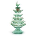 Bohemian or Islamic green glass scent bottle in the form of a Christmas tree with bird stopper, 17.