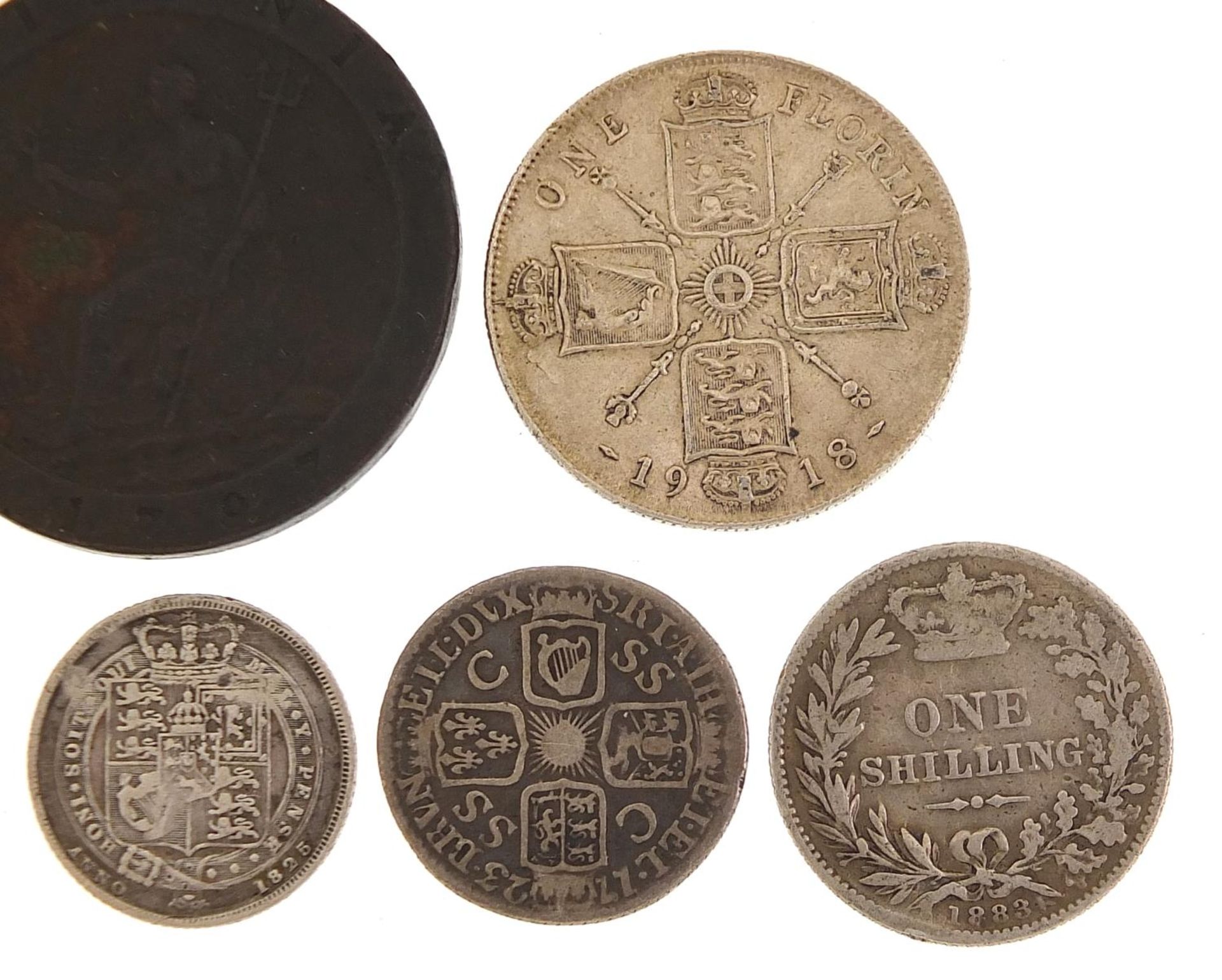 George III and later silver and copper coinage including 1787 shilling and 1723 sixpence, 73.g - Image 3 of 6