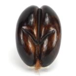 Hardwood carving in the form of a coco de mer bum nut, 16cm in length