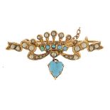 Antique yellow metal turquoise and seed pearl bar brooch with love heart drop, 4cm wide, 3.9g