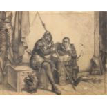 Two soldiers wearing 17th century dress playing cards in an interior, 19th century heightened pencil