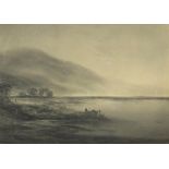 R T Stuart - Scottish loch scene with figures, signed en grisaille, housed in an ornate gilt