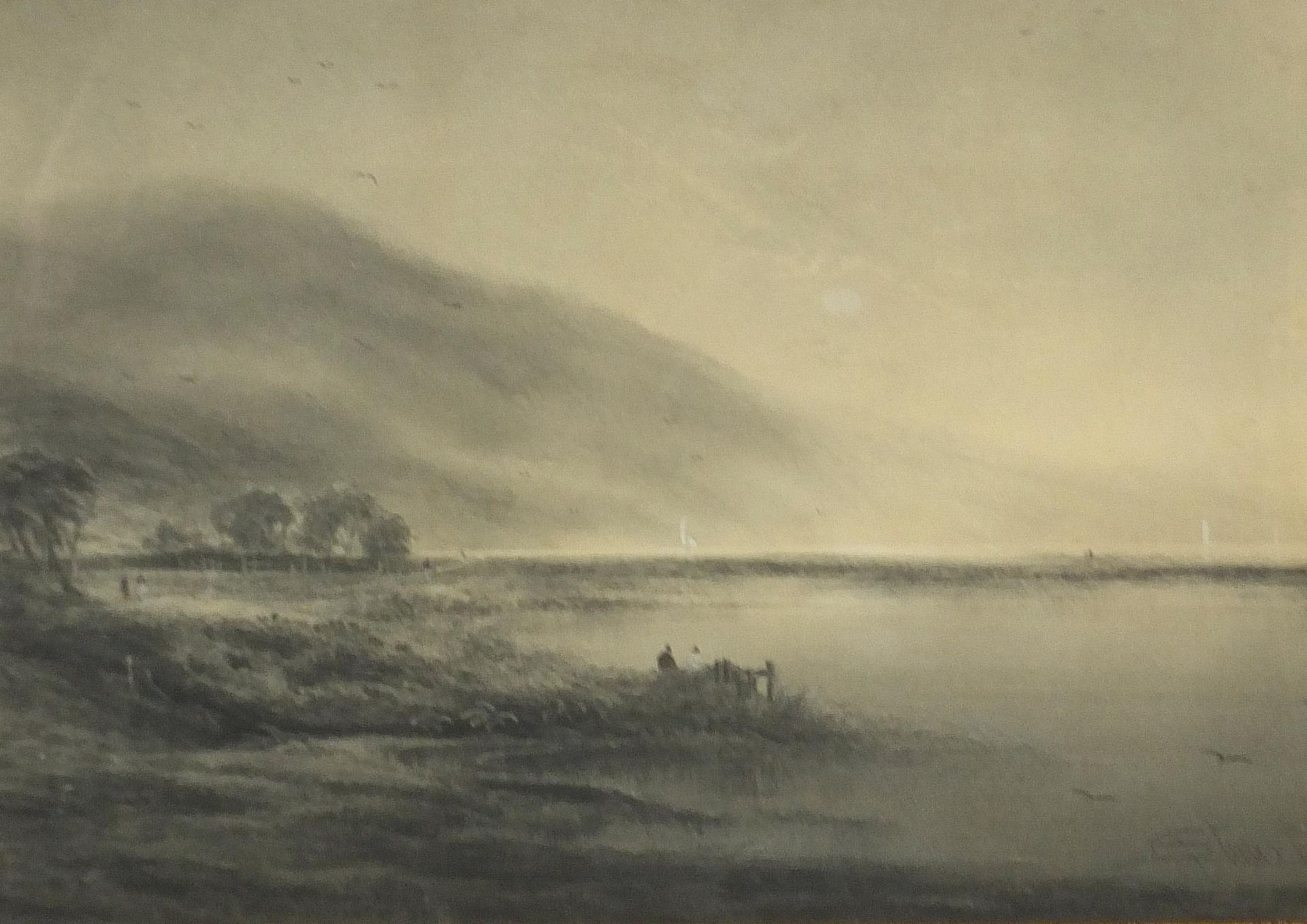 R T Stuart - Scottish loch scene with figures, signed en grisaille, housed in an ornate gilt