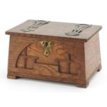 Arts & Crafts metal bound oak table casket, 12.5cm H x 21cm W x 14.5cm D