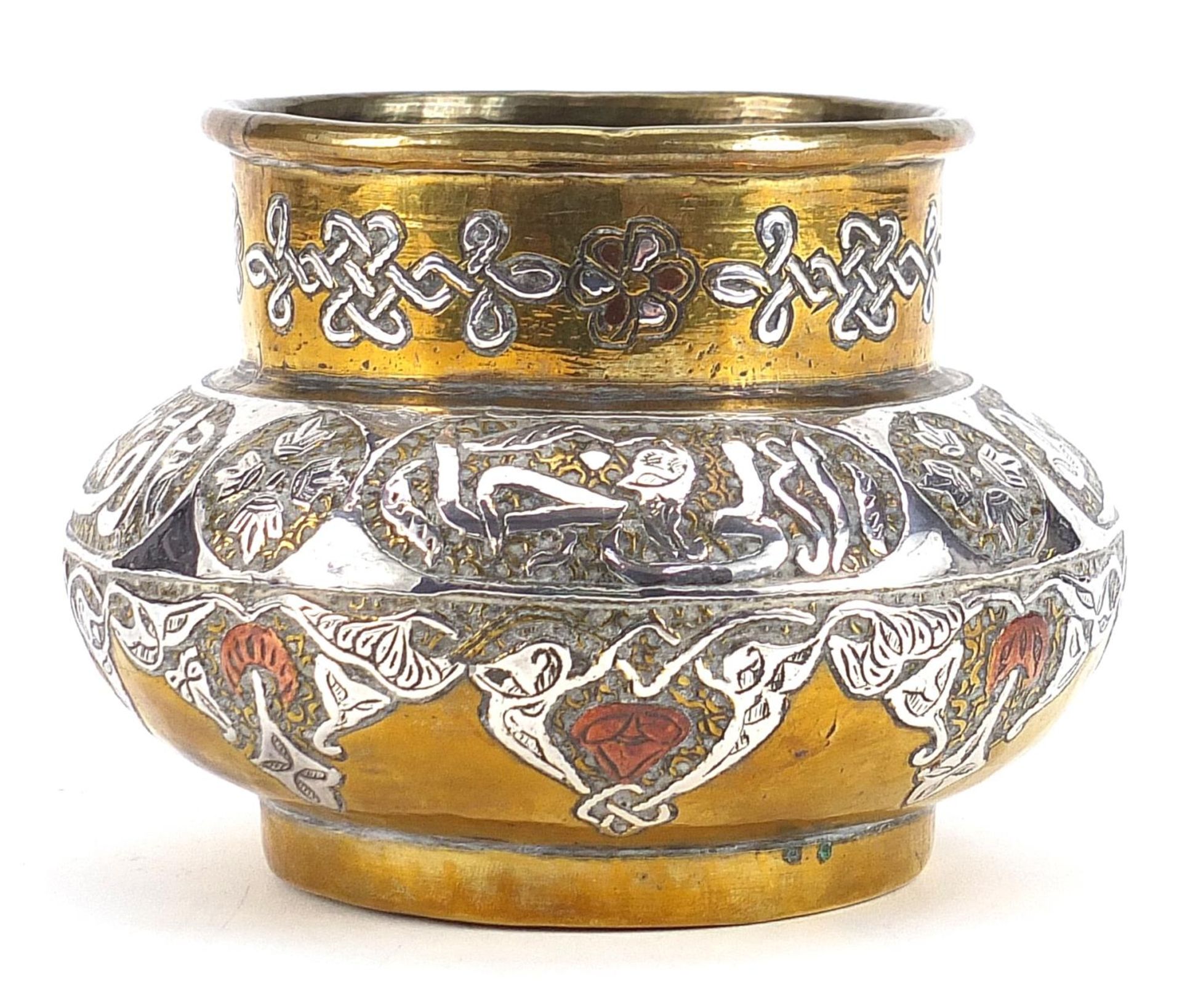 Islamic Cairoware brass vase with silver and copper overlay, 8.5cm high - Image 2 of 3