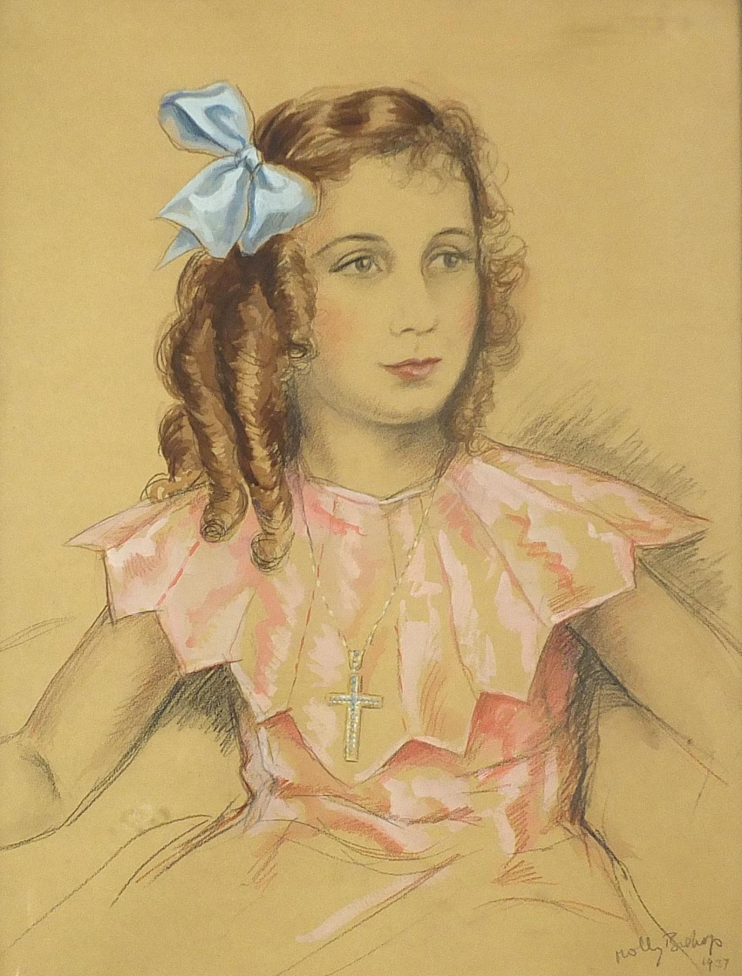 Molly Bishop 1937 - Top half portrait of a girl wearing a cross pendant, mixed media, mounted,