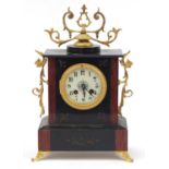 Victorian black slate and red marble striking mantle clock with gilt metal mounts and enamelled