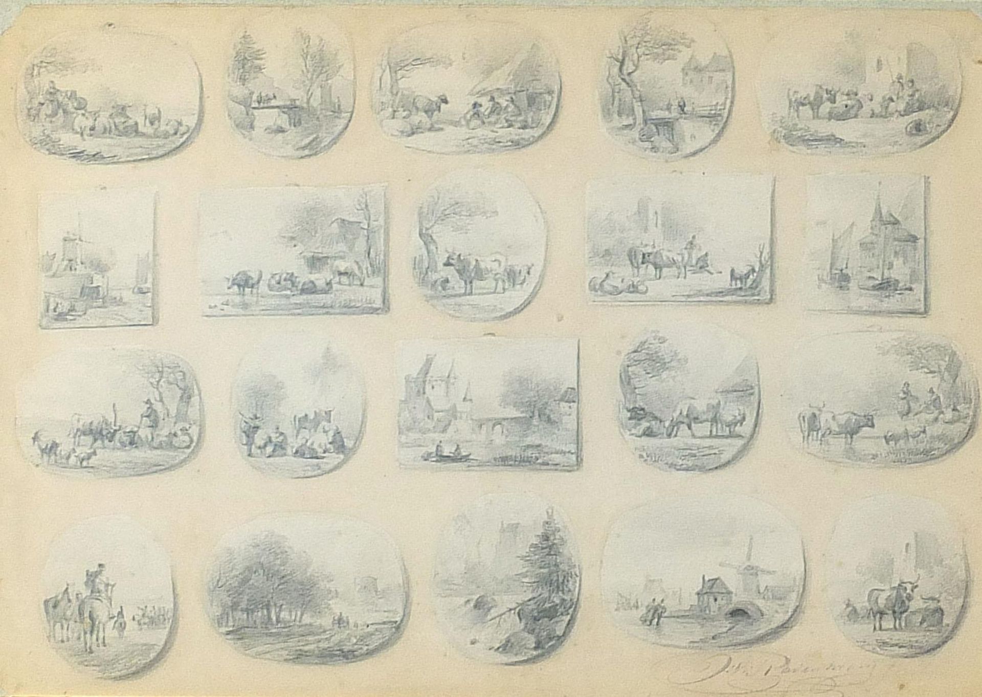 Jan Van Ravenswaay - Landscapes and cattle, twenty 19th century Dutch miniature pencil sketches,