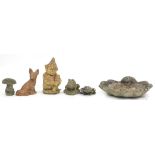Garden stoneware figures and animals including a shell shaped birdbath, the largest 50cm wide