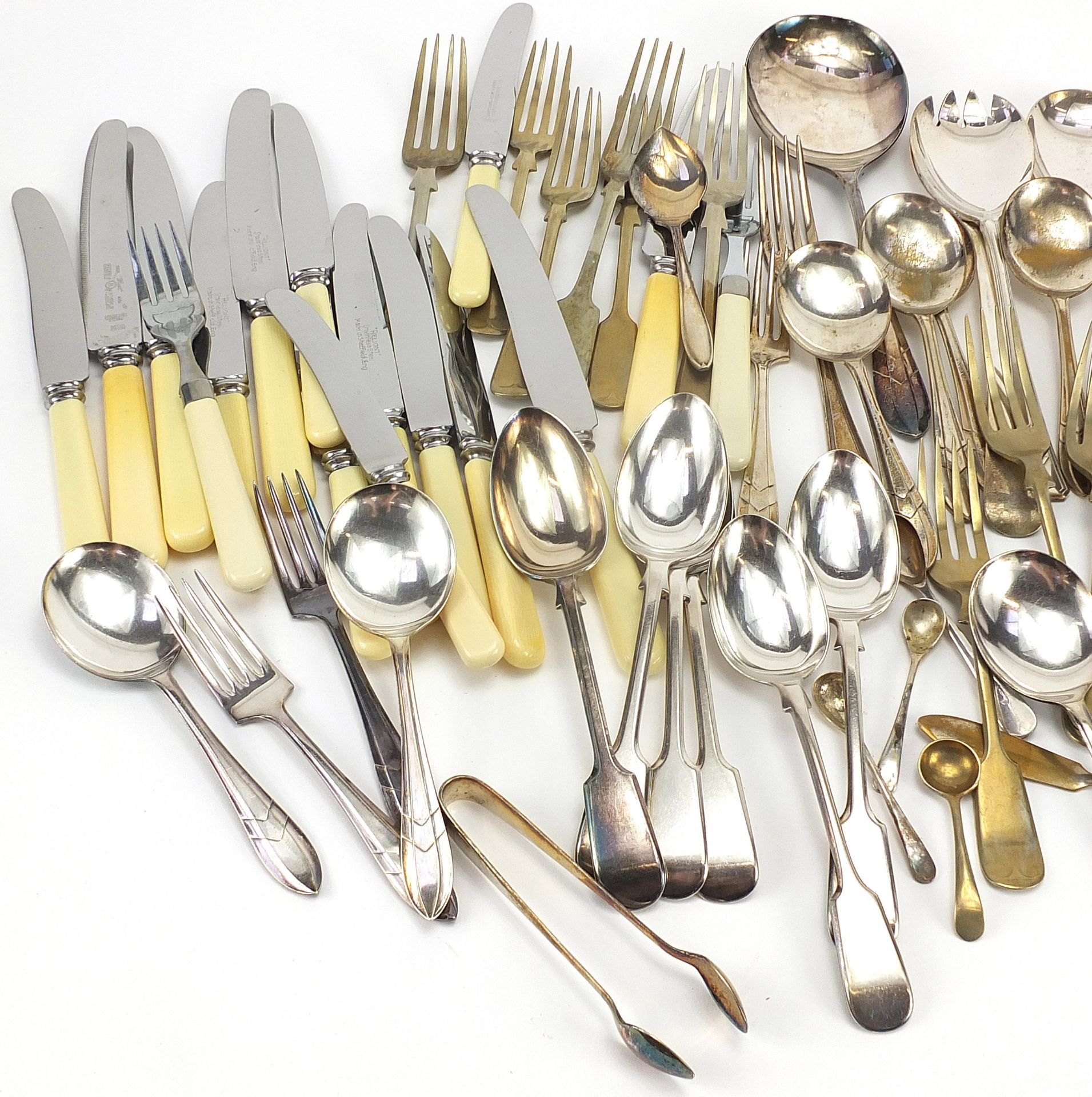 Silver plated and stainless steel cutlery, some with ivorine handles and a pair of silver sugar ton - Image 2 of 3