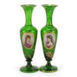 Pair of 19th century Bohemian green glass vases with oval portrait medallions of young females, each