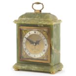 Green onyx Elliott mantle clock with gilt dial and Roman numerals, retailed by Marston Barrett Lt