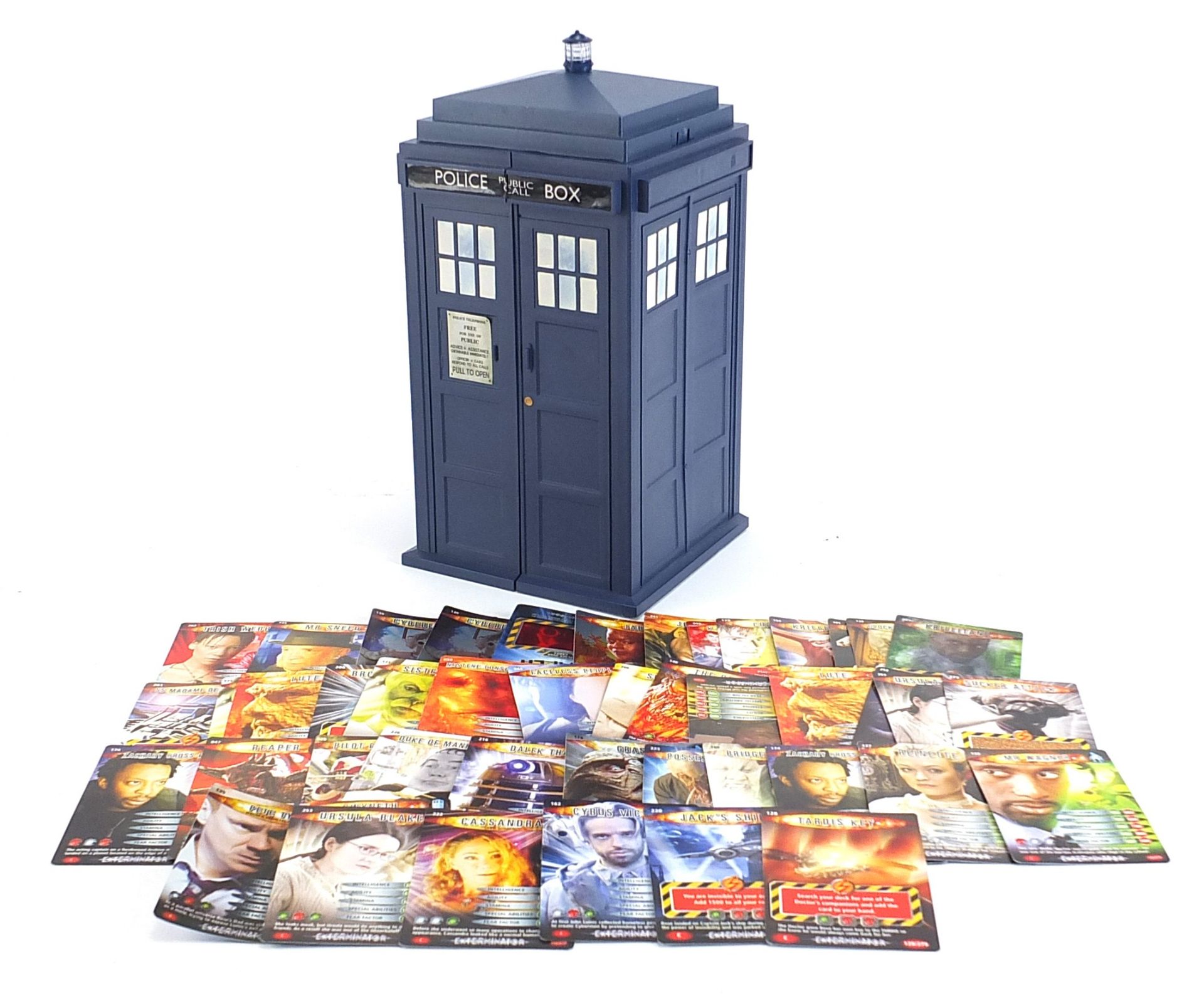 Doctor Who tardis trade card holder with cards, 28.5cm high