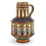 Continental Maiolica pitcher decorated in relief with classical figures, impressed W & R to the