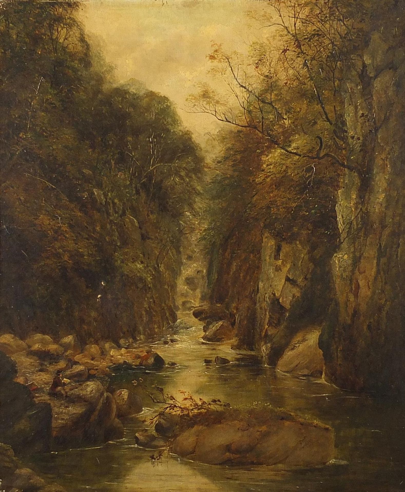 River landscape with waterfall, 19th century oil on canvas, mounted and framed, 60cm x 49.5cm