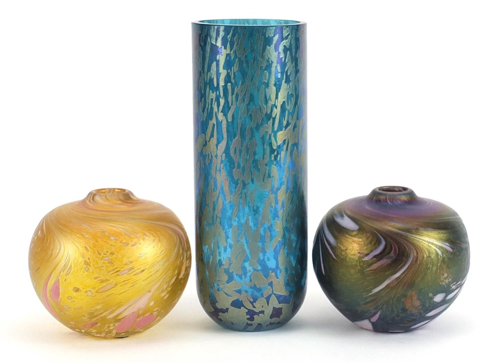 Iridescent glassware including a cylindrical vase by Royal Brierley, the largest 18cm high - Image 2 of 4