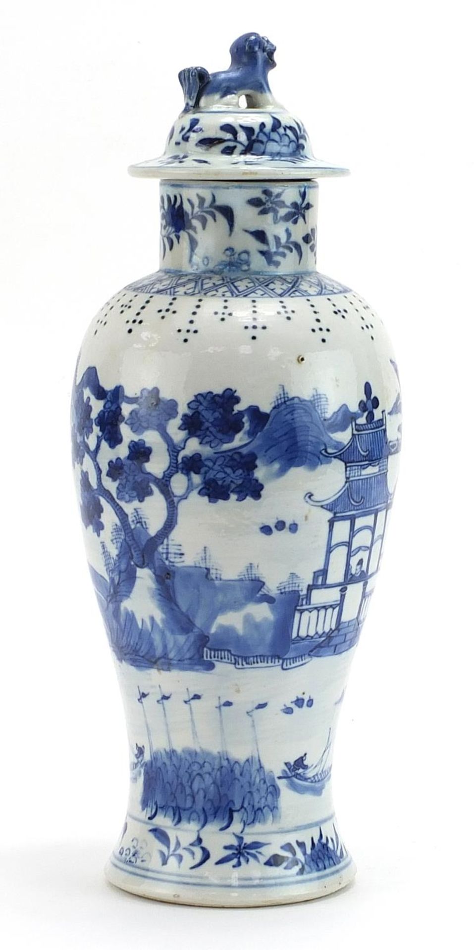 Chinese blue and white porcelain baluster vase and cover hand painted with figures in a palace - Bild 2 aus 3