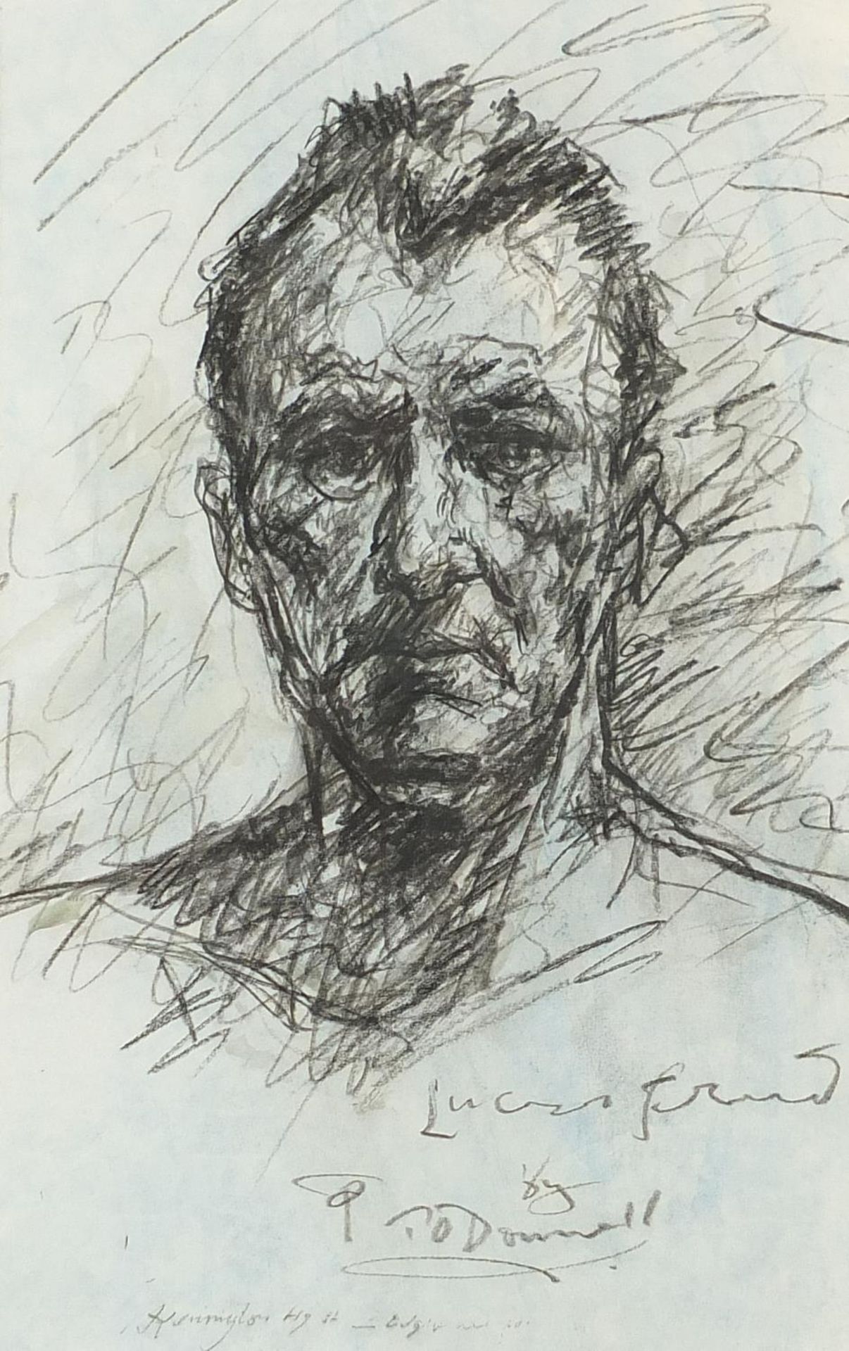 T O'Donnell - Portrait of Lucian Freud, charcoal, inscribed, mounted, framed and glazed, 45cm x 28cm