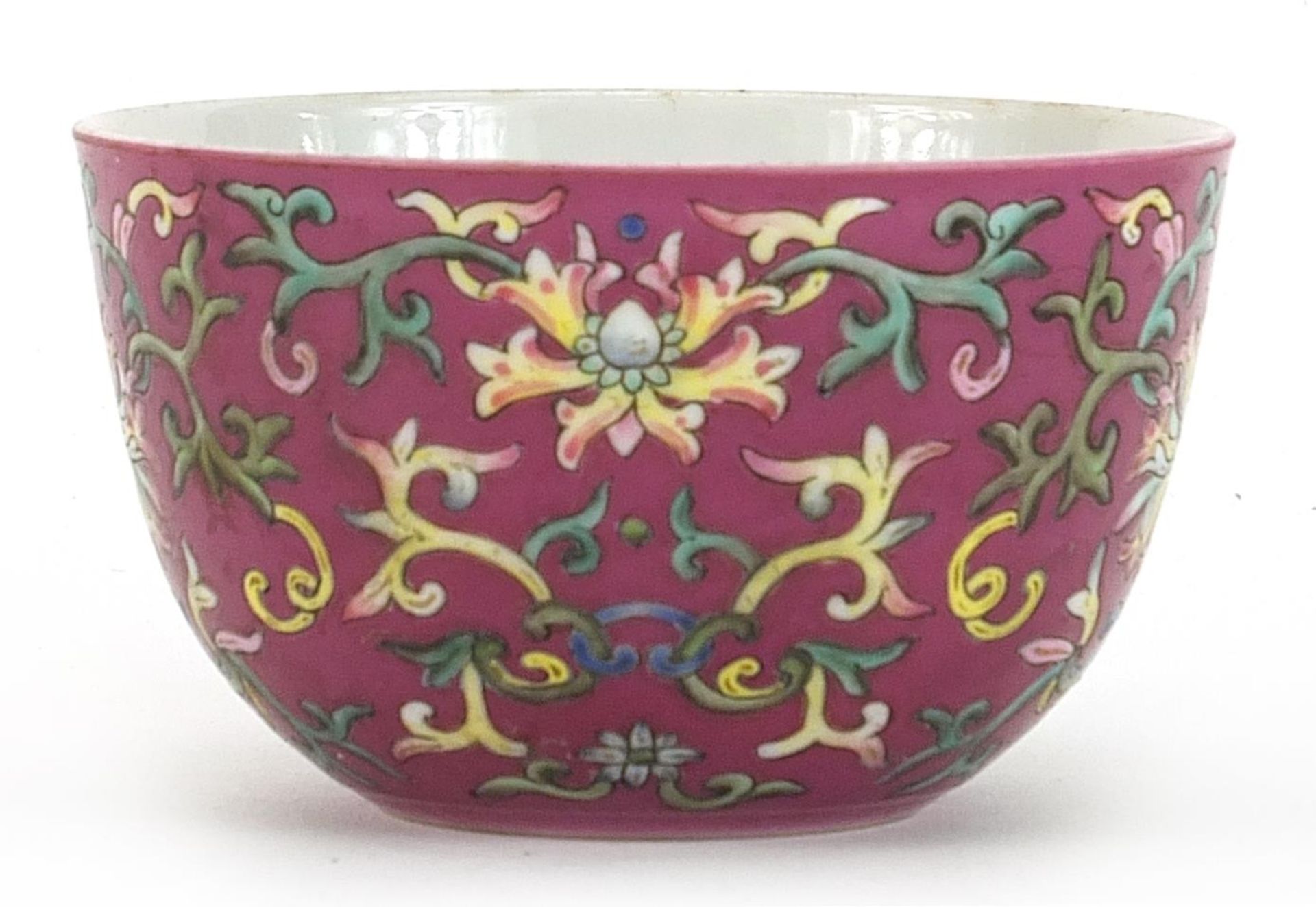 Chinese porcelain pink ground bowl hand painted in the famille rose palette with flower heads - Image 2 of 3