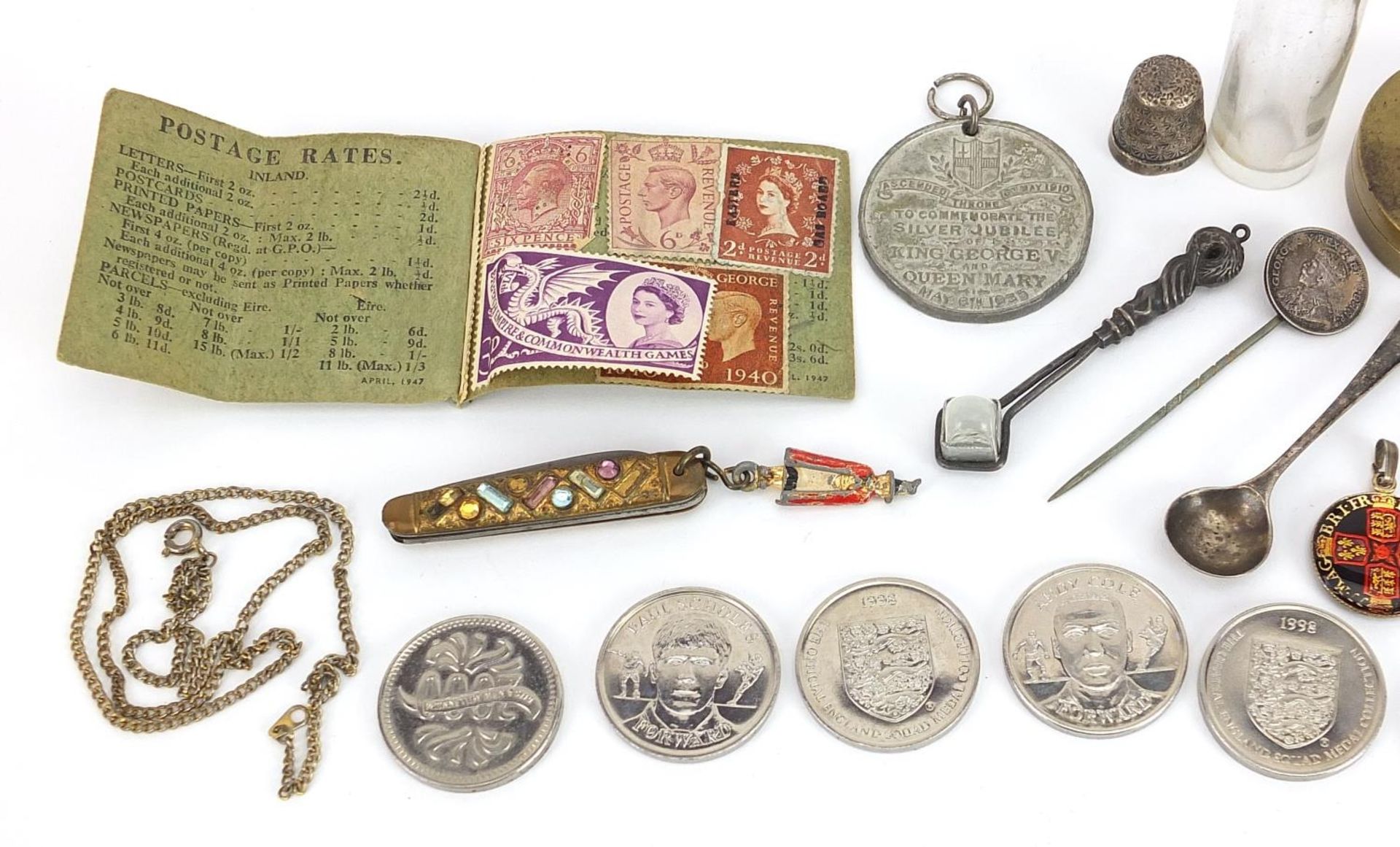 Objects including silver thimble, silver and enamel commemorative brooch, cloisonne whistle and - Image 2 of 3