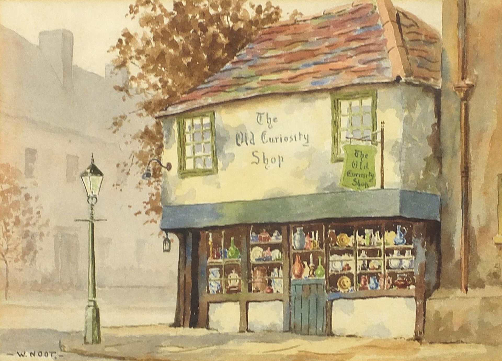 W Noot - The Old Curiosity Shop and Street scene with figures, pair of watercolours, mounted, framed - Image 2 of 9