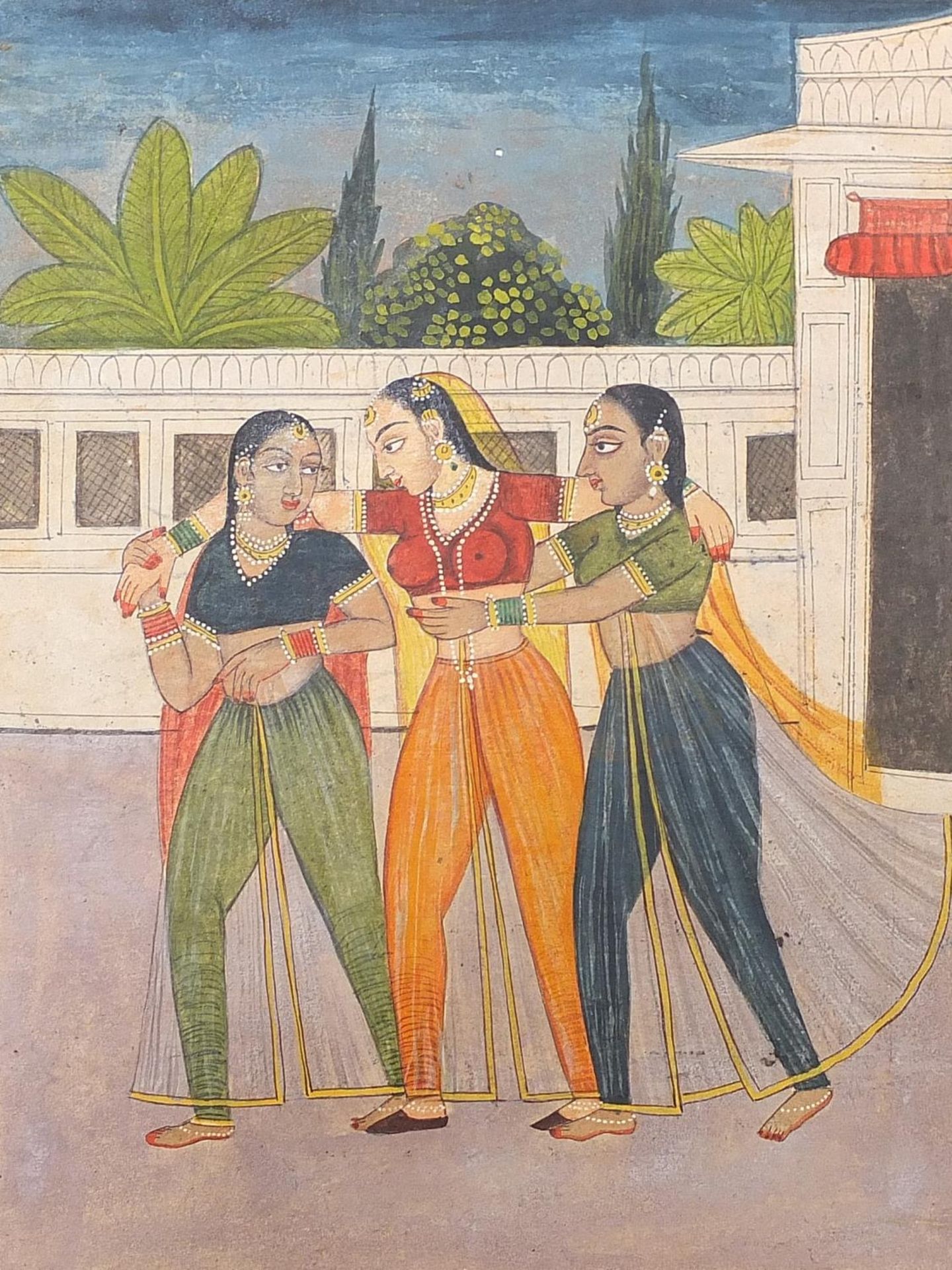 Queen with friends on a palace terrace, Indian Delhi Mugal school watercolour on paper, unframed,