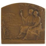Rene Baudichon, French Art Nouveau bronze double sided plaque of a couple and a nude young female,