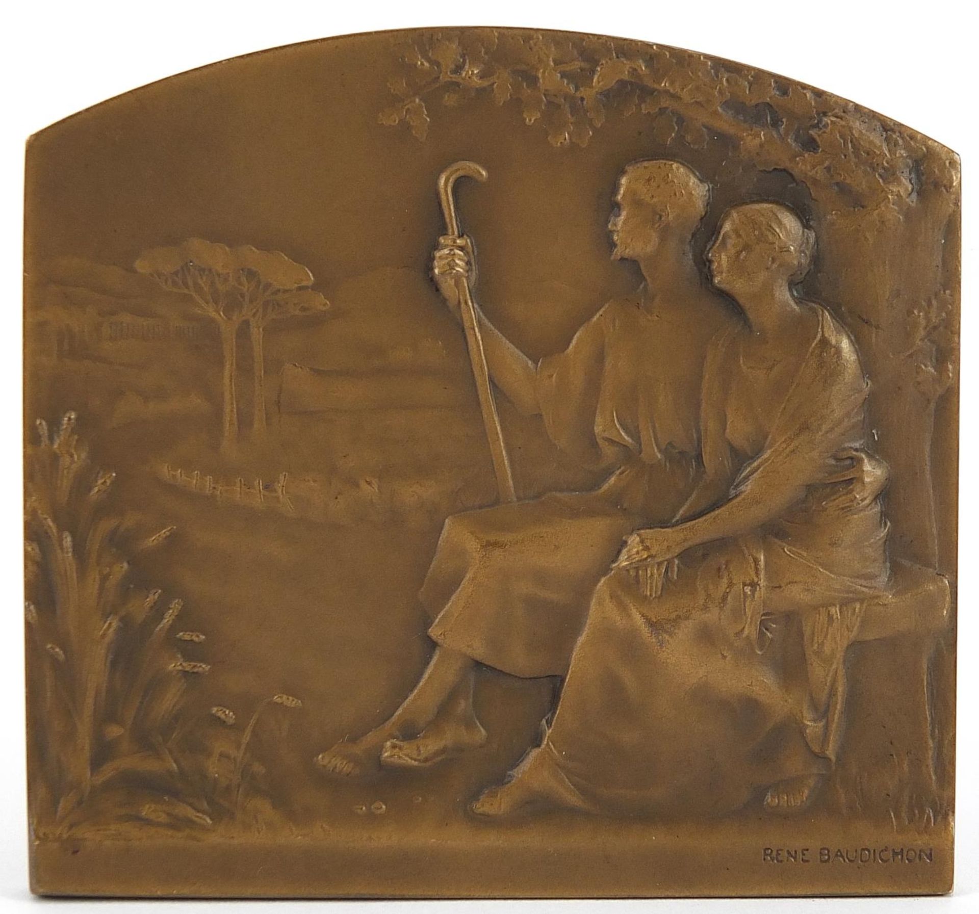 Rene Baudichon, French Art Nouveau bronze double sided plaque of a couple and a nude young female,
