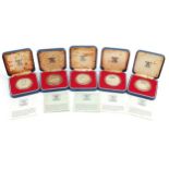 Five commemorative 1977 silver proof coins with cases including Gibraltar twenty five pence