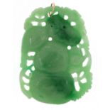Large Chinese green jade pendant carved with fruit with gold suspension loop, 8cm high