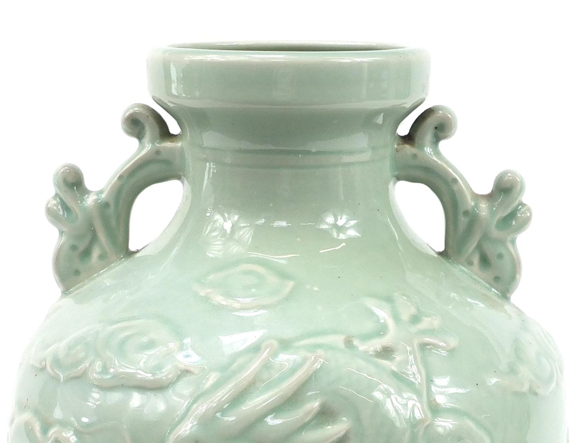 Large Chinese porcelain vase on stand with twin handles having a celadon glaze, decorated in - Image 2 of 5