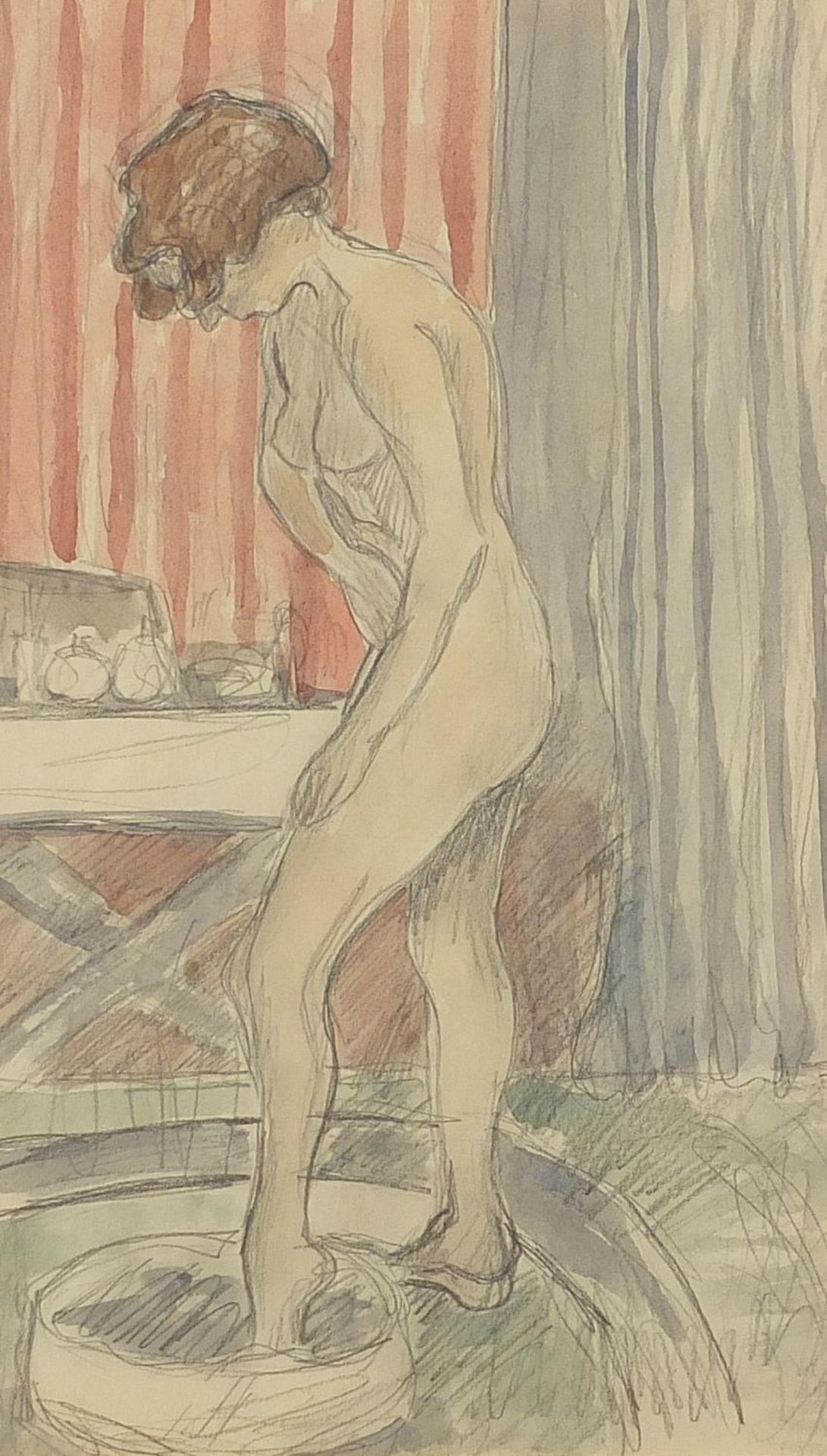 Full length portrait of a nude female bathing, French school watercolour and pencil, mounted, framed