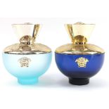 Two Versace shop display perfume bottles comprising Dylan Turquoise and Dylan Blue, 28cm high